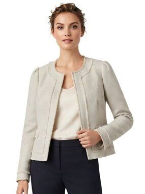 Ann Taylor Beige Tweed Fringe Detail Hook And Eye Lady Jacket Career Size M